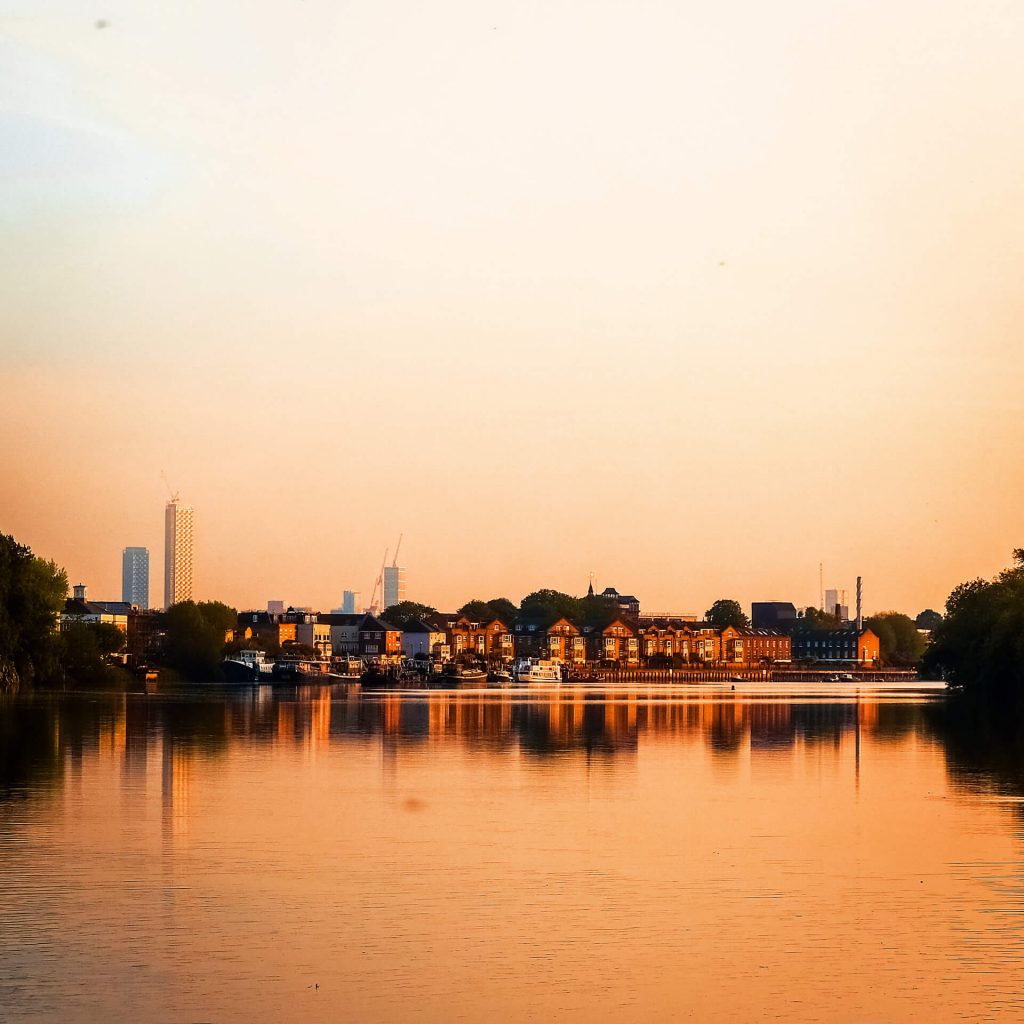 The waterfront in Barnes shot from the opposite side of the river at dawn