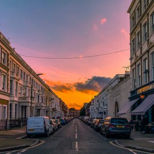 The Curtains Up pub in Kensington at sunset