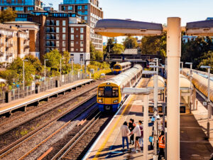 London Overground train pulling in at Kensington Olympia station